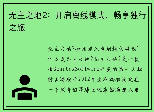 无主之地2：开启离线模式，畅享独行之旅